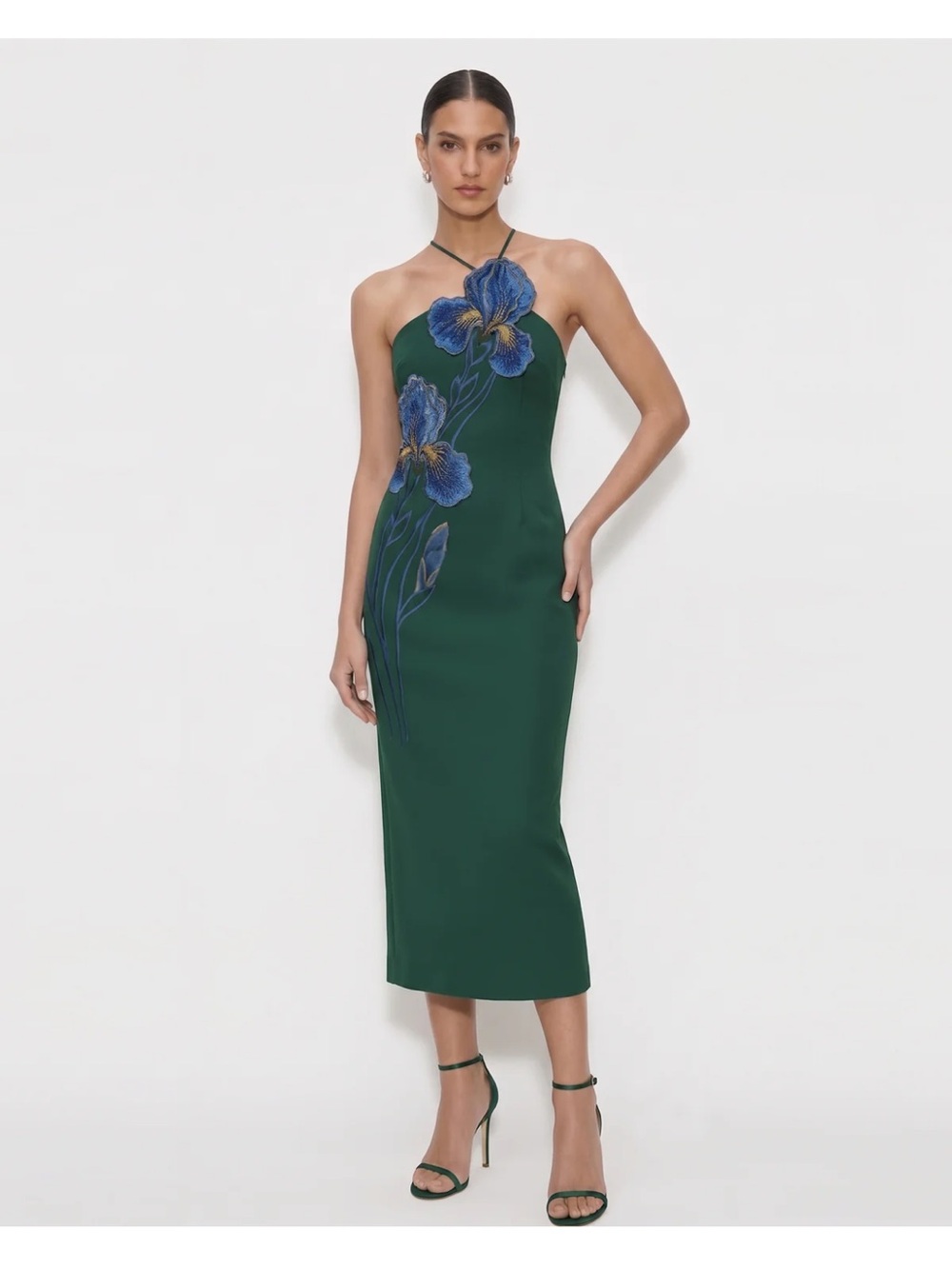 JW PEI Iris Embroidered Halter Midi Dress - Dark Green